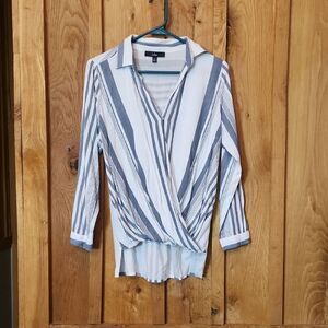 Lulus Faux Wrap V- Neck Long Sleeve High Low Blouse, XS, Blue & White Stripes